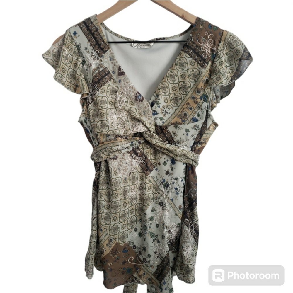 Dress Barn Paisley Short Sleeve Tie Back Woman's Blouse - Size M